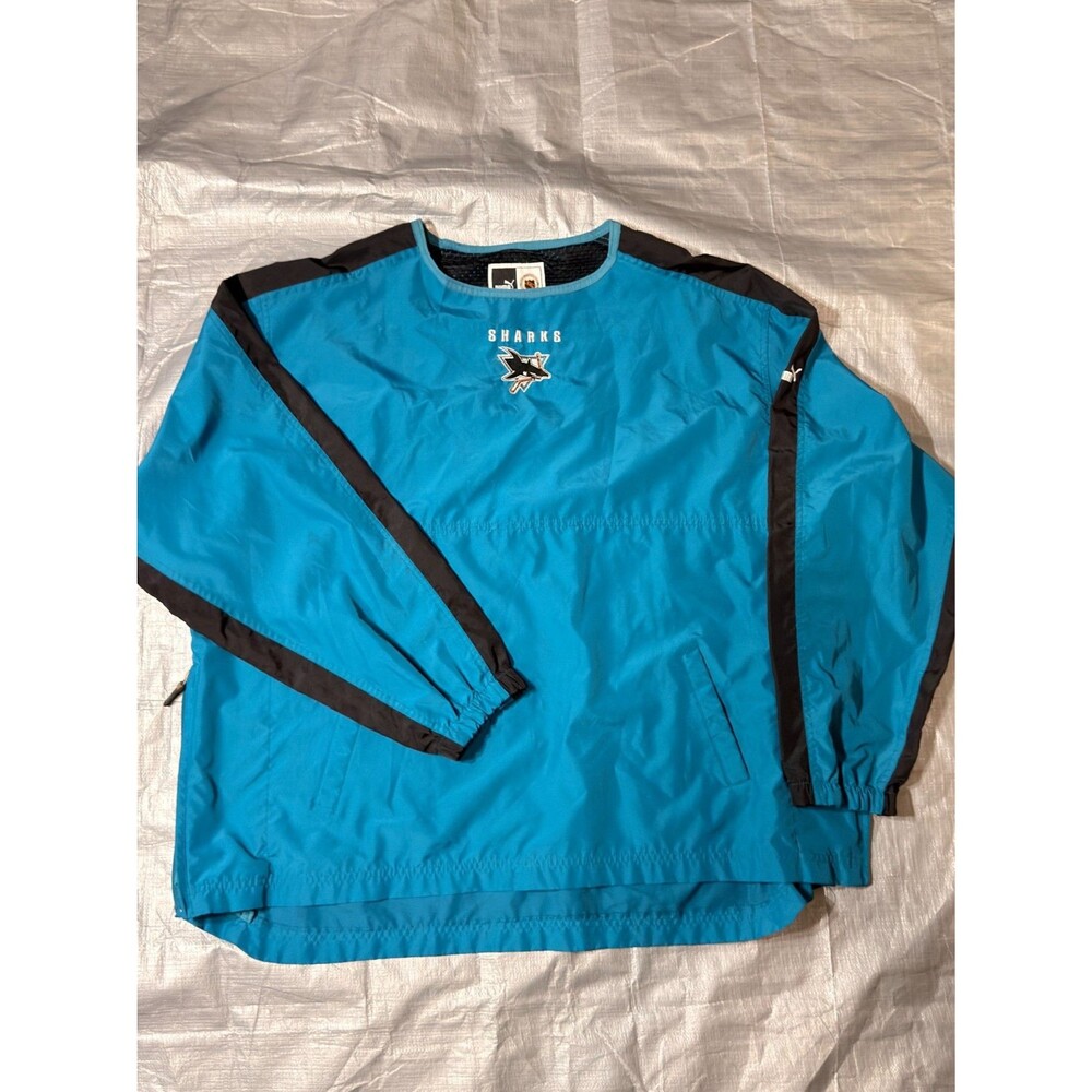 Vintage 90s San Jose Sharks Puma V-Neck Windbreaker Pullover Jacket Teal XL NHL